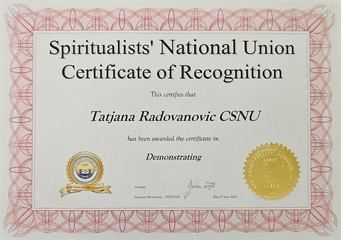 Spiritualists National Union Certificate of Recognition Tatjana Radovanoivc