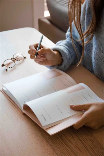 Lady with agenda and glasses next to her